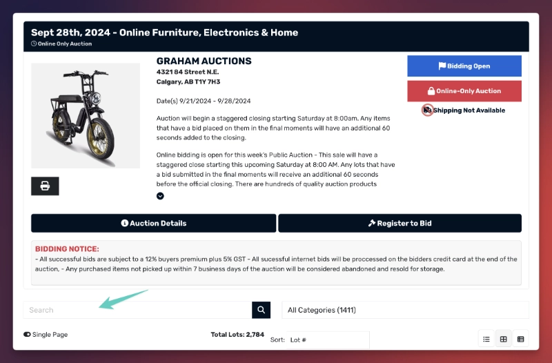 Online auction search bar